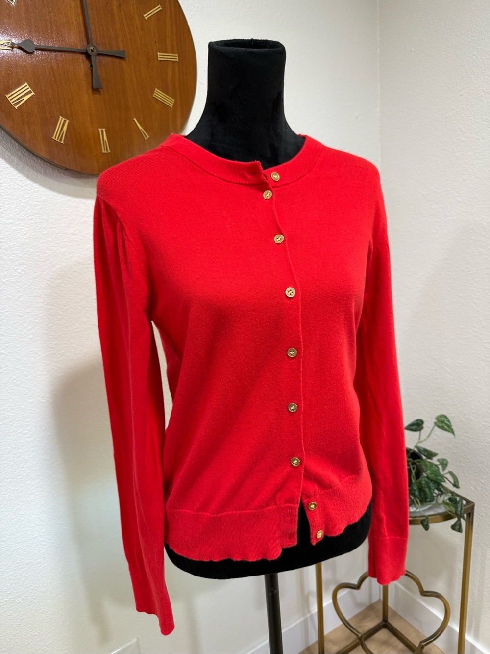 J.Crew Jackie Cardigan Sweater Red Gold Logo Buttons 100% Cotton Size Large